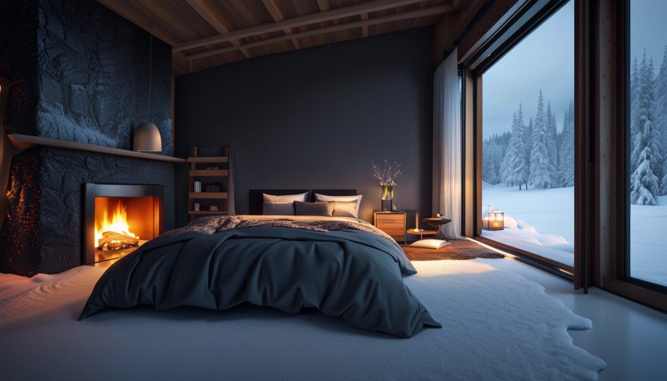 Surreal Winter Scene of Melted Fireplace and Snowy Landscape