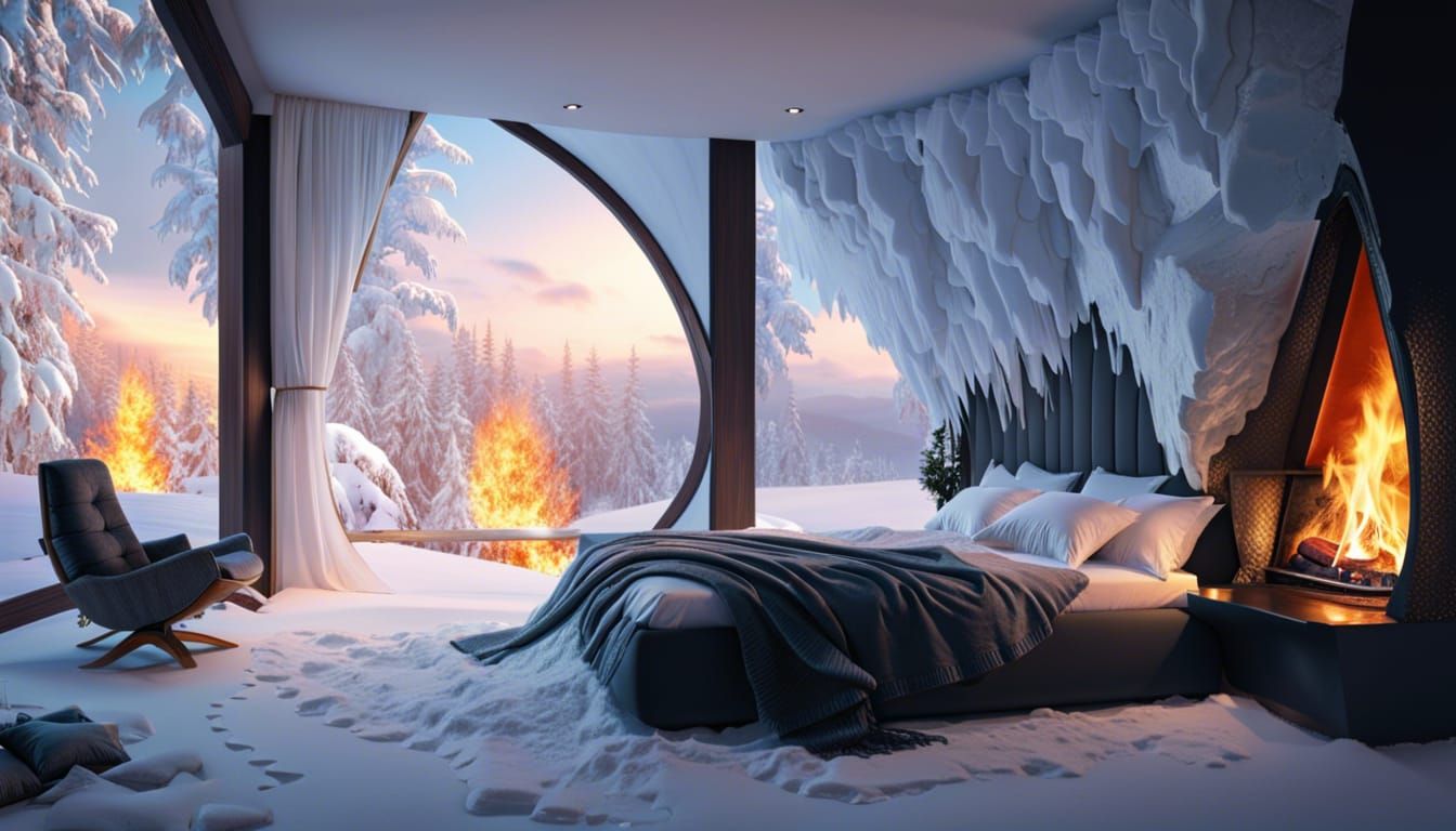 Snowy Winter Scene with Melting Fireplace in 4k Resolution