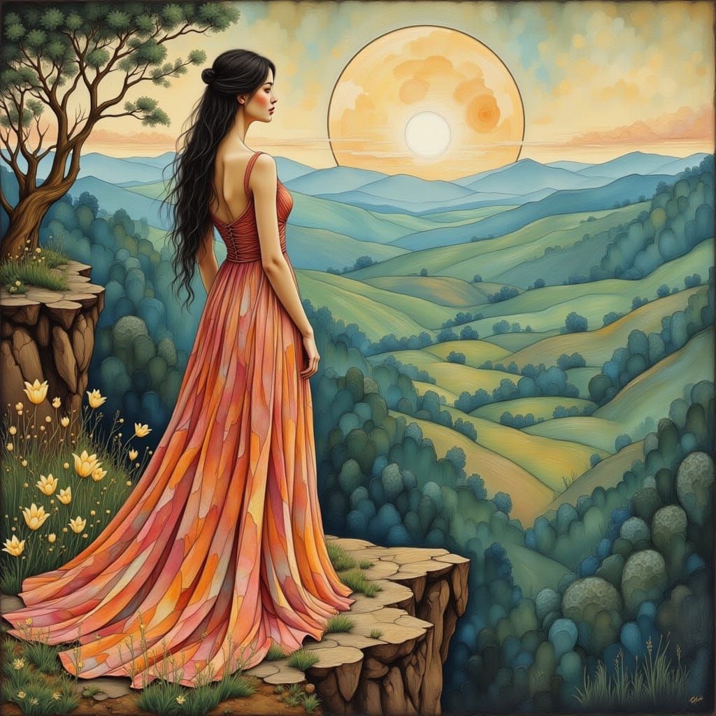 Elegant Woman Overlooking Landscape in Art Nouveau Style