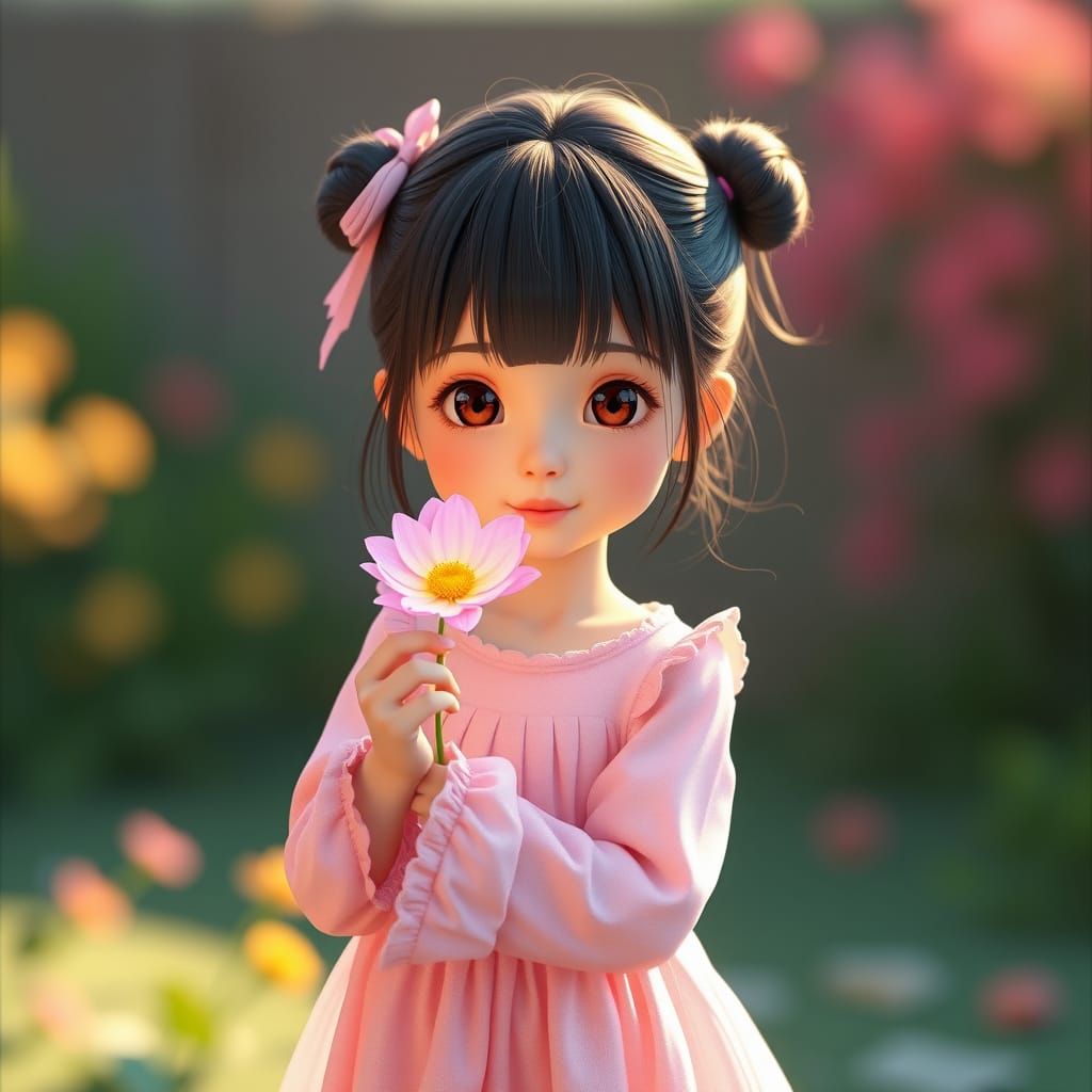 Anime Girl Holding Flower in 3D Style