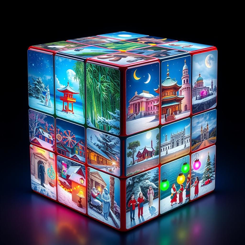 Festive Christmas Rubik's Cube in Cyberpunk Style