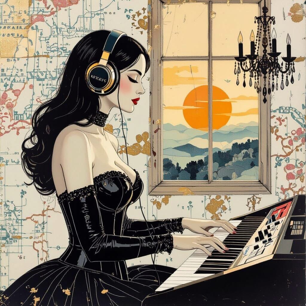 Abstract Woman Playing Synthesizer in Collage Art Style