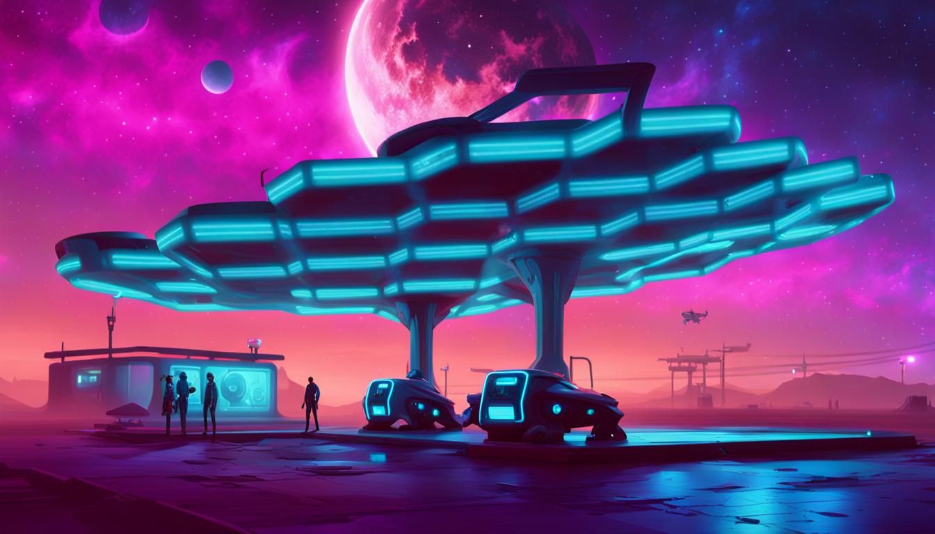 Cyberpunk Gas Station on Alien World at Night