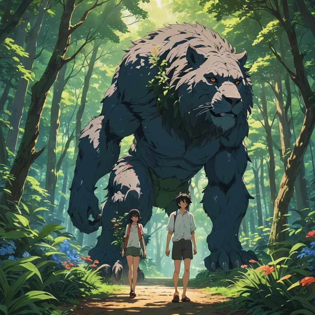 Anime Forest Scene: Beast-Human Hybrid in Nature