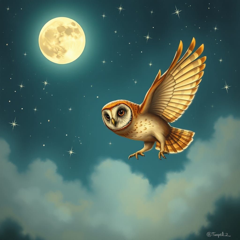 Owl in Dreamy Night Sky, Whimsical Illustration