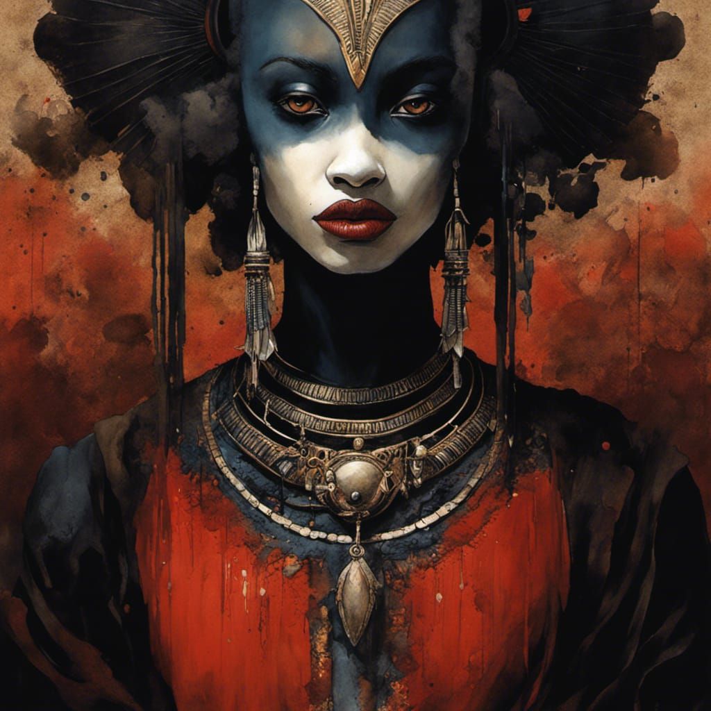 African Egyptian Vampire in Watercolor Style