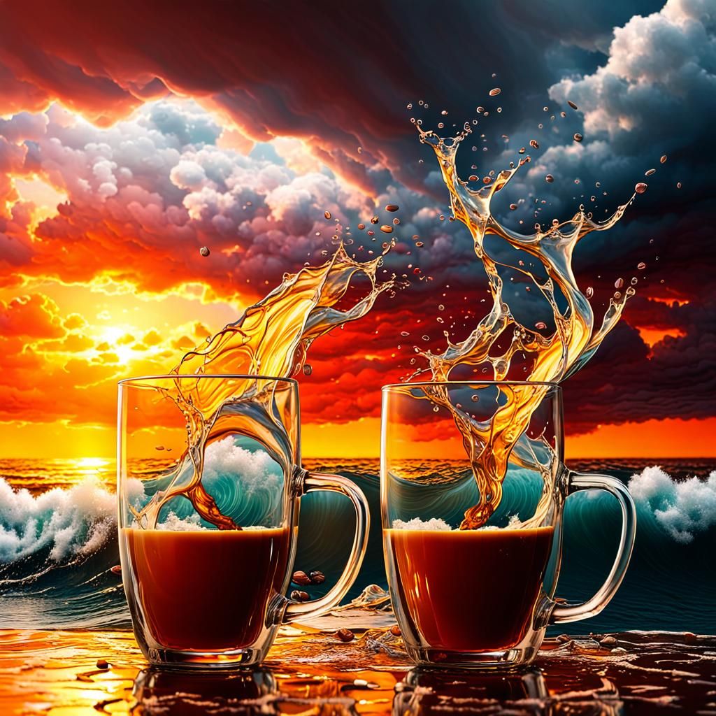 Hyperrealistic Sea Between Coffee Glasses Splash Art