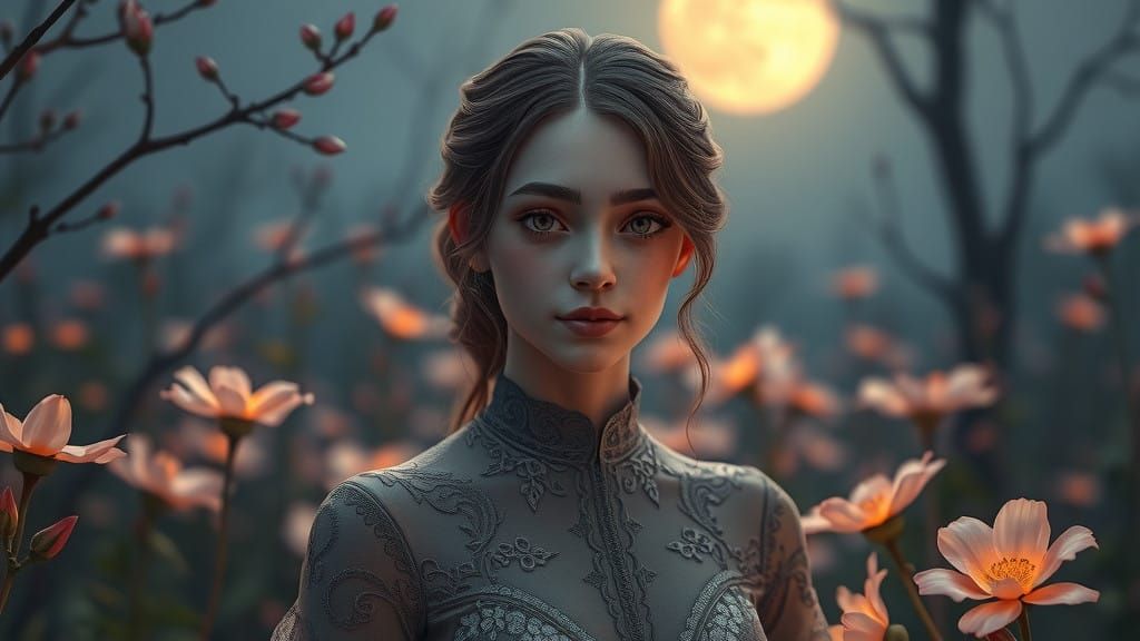 An Empathetic Woman in a Moonlit Garden