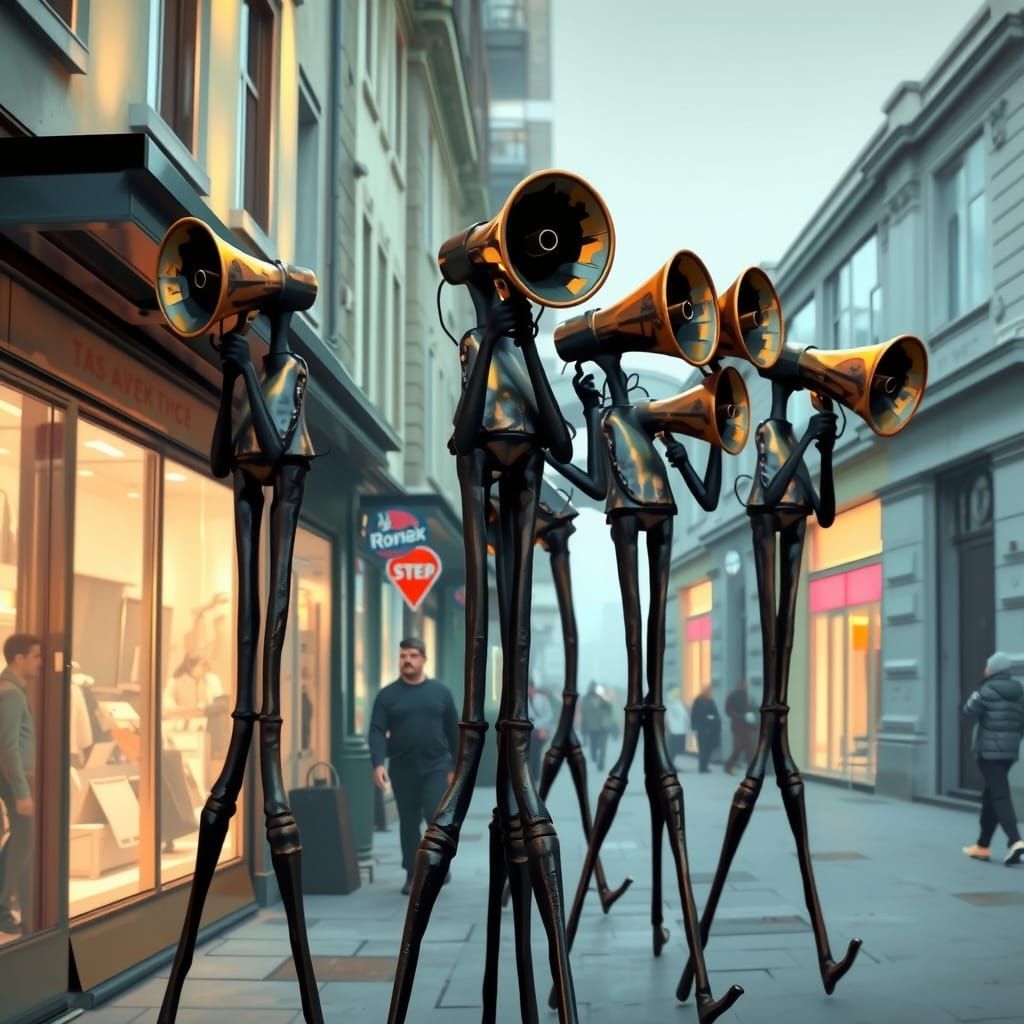 Surreal Stilt Walkers with Megaphones as Heads in Anime Styl...