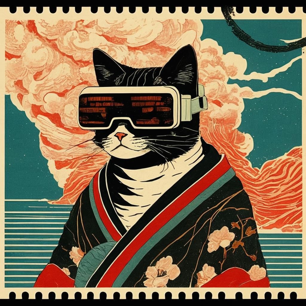 Ukiyo-e painting of a cat hacker wearing VR headsets, on a p...