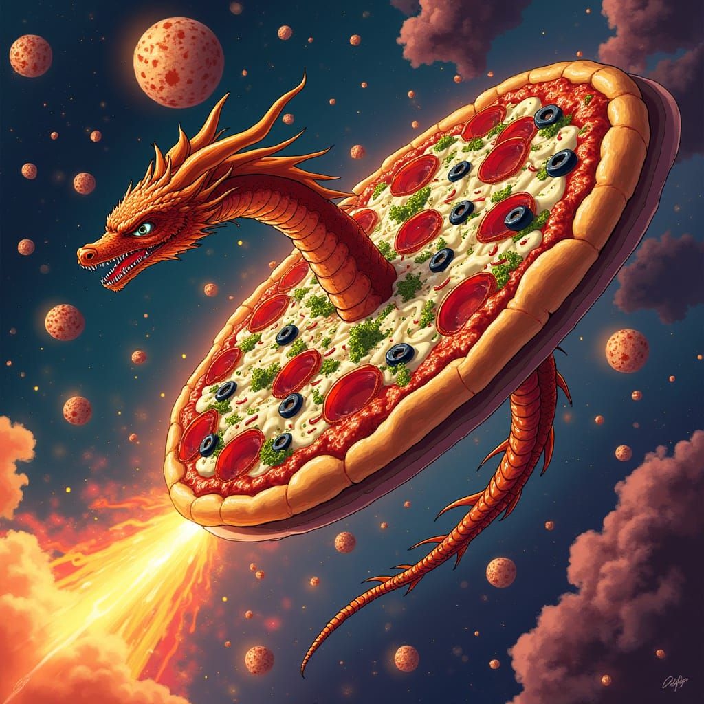 Pizza Dragon Soaring Through Nebula in Anime Style