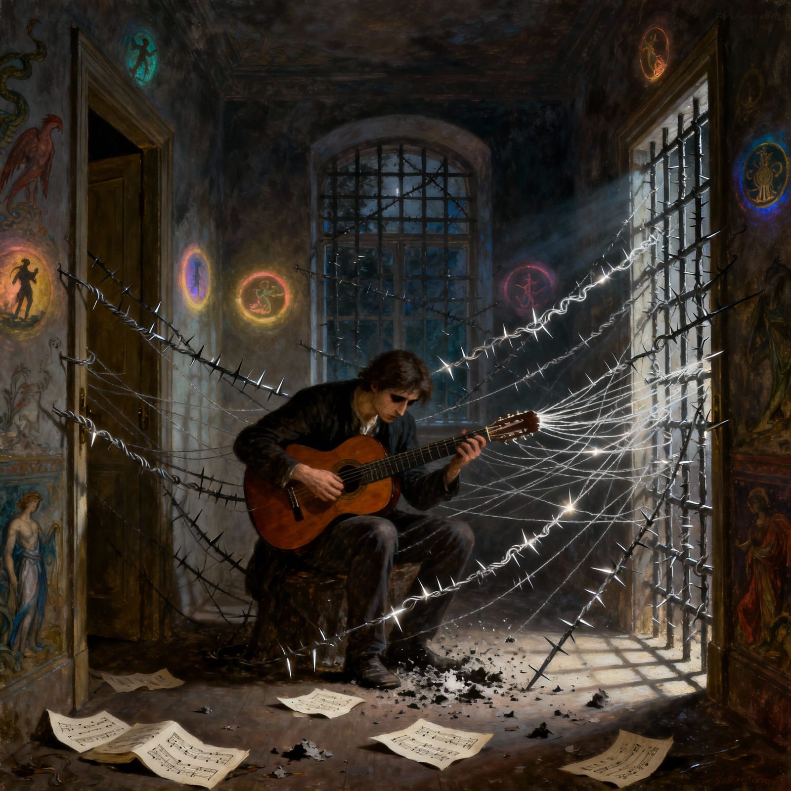 Symbolist Musician Trapped by Guitar Strings in Despair