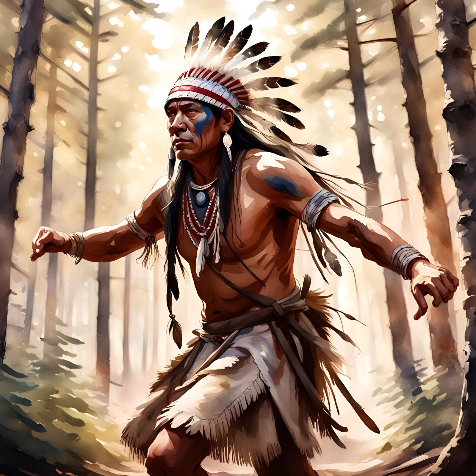Native American Warrior Dancing in Forest, Watercolor Render