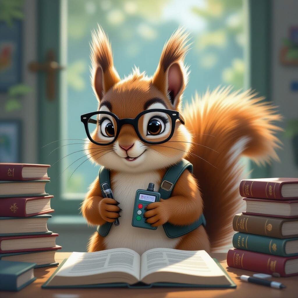 Nerdy Squirrel Surrounded by Gadgets in Digital Art