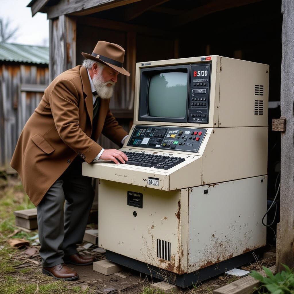 Futuristic Man and Vintage IBM Computer