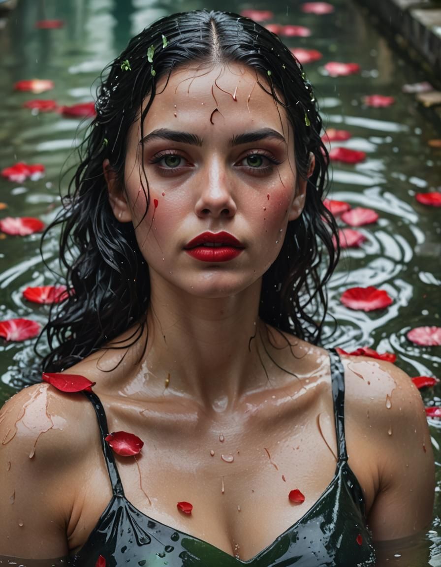 Wet Woman in Abandoned Pool: Hyperrealistic Splash Art