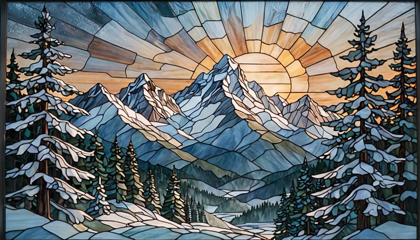 Serene Winter Stained Glass Artwork in Soft Focus