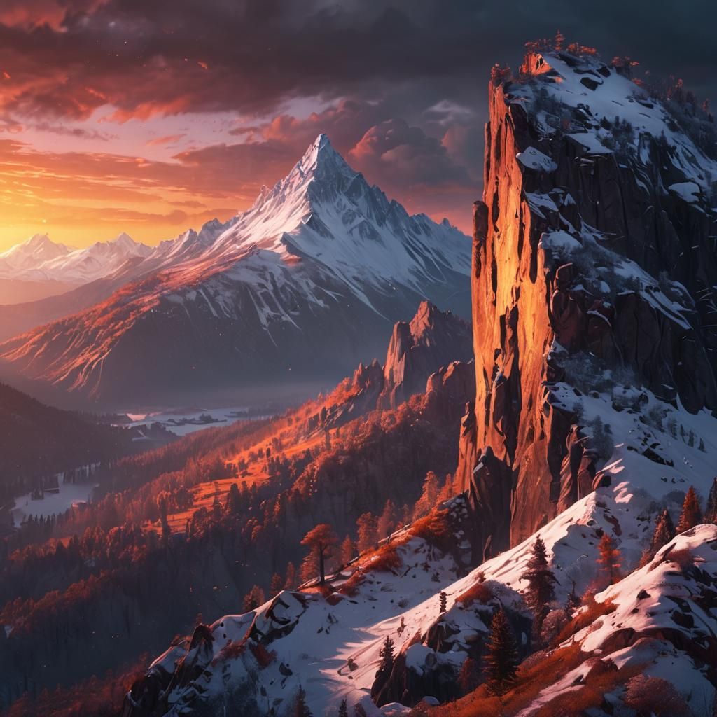 Epic Dark Fantasy Sunset over Forested Valley