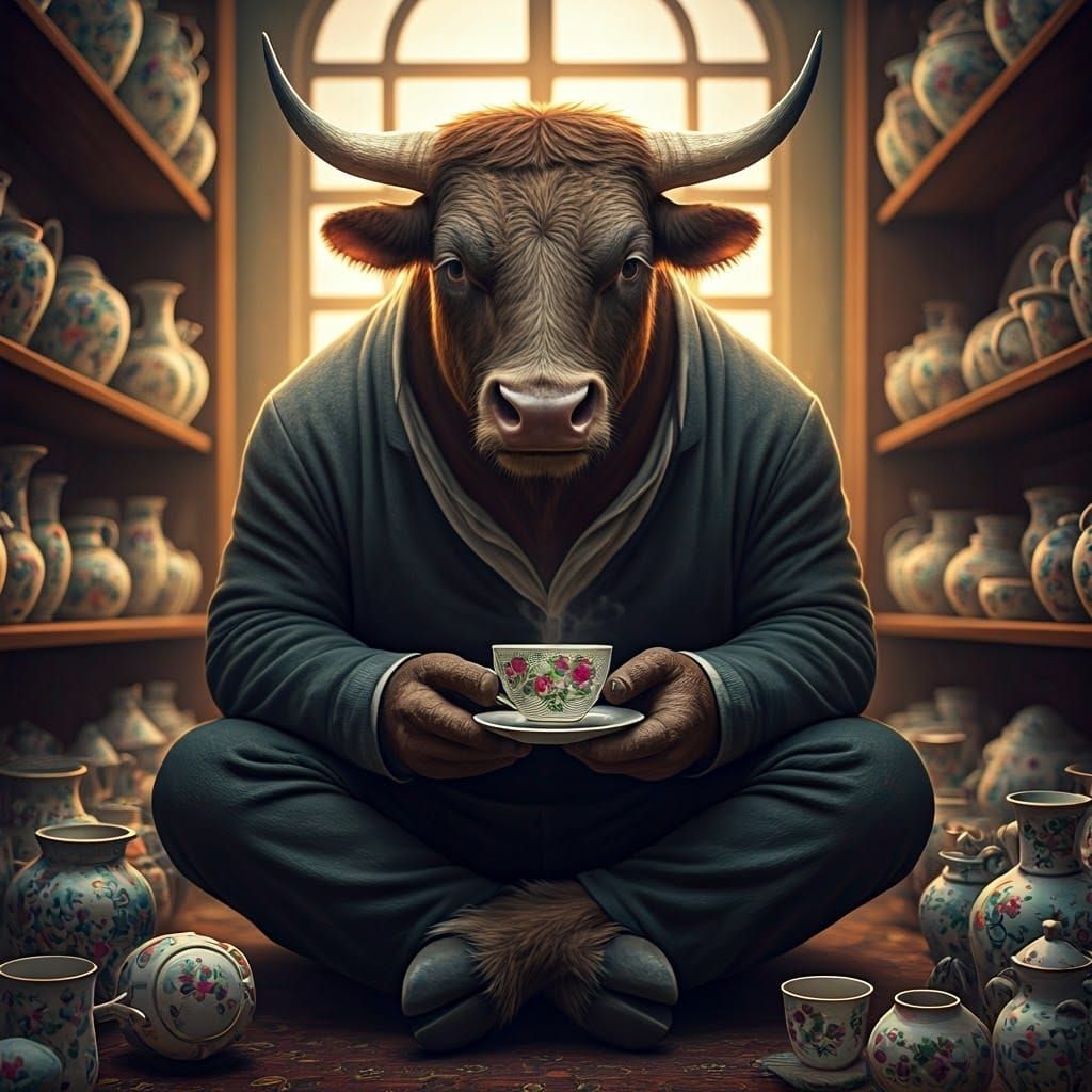 Anthropomorphic Bull Sipping Tea in China Shop