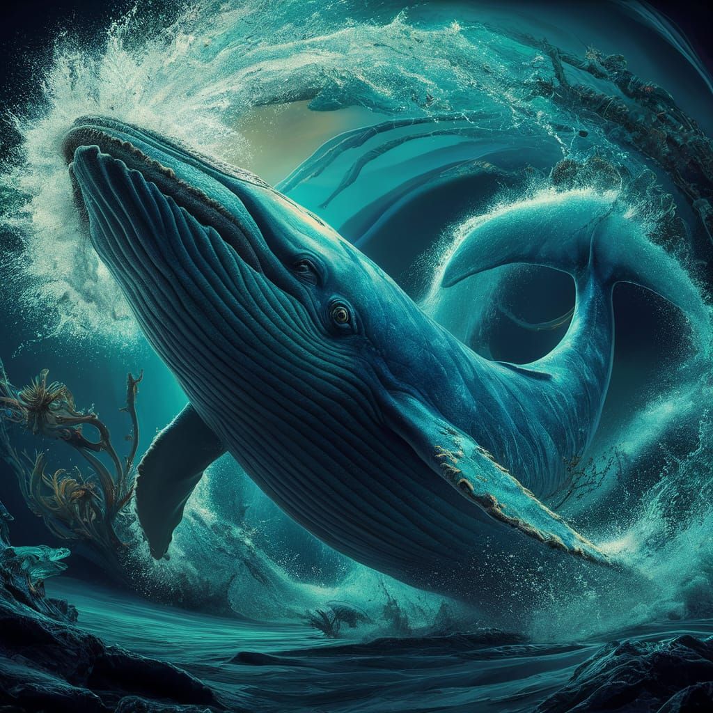 Fantastical Whale in Bioluminescent Underwater World