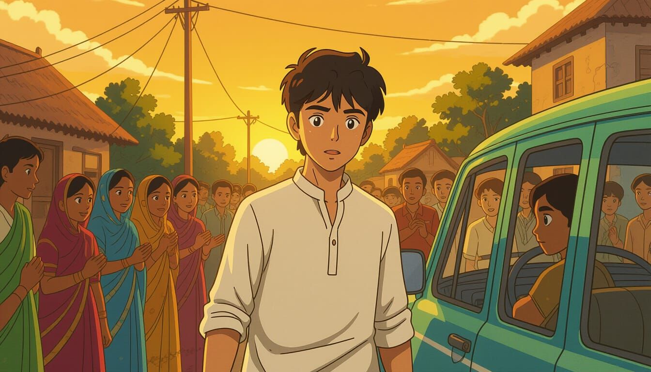 Teenage Indian Boy Steps Out Of Car Into Village