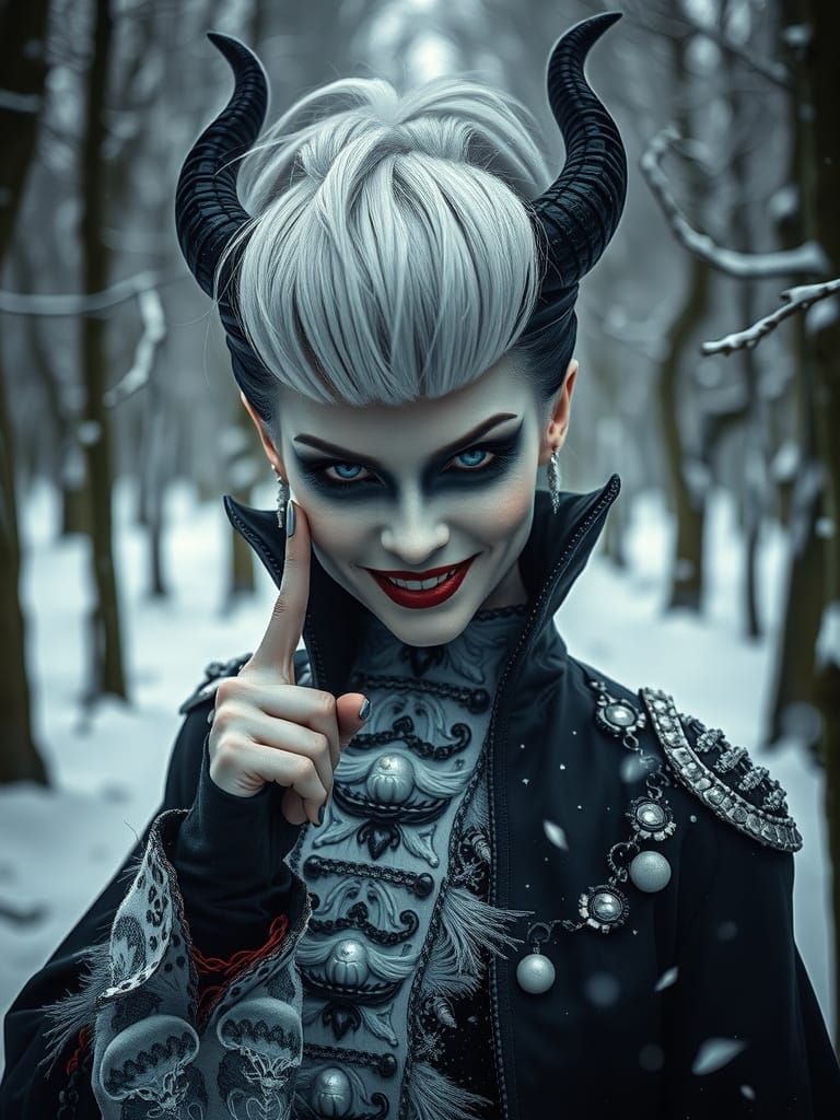 Cruella's Dark Elegance in a Winter Forest