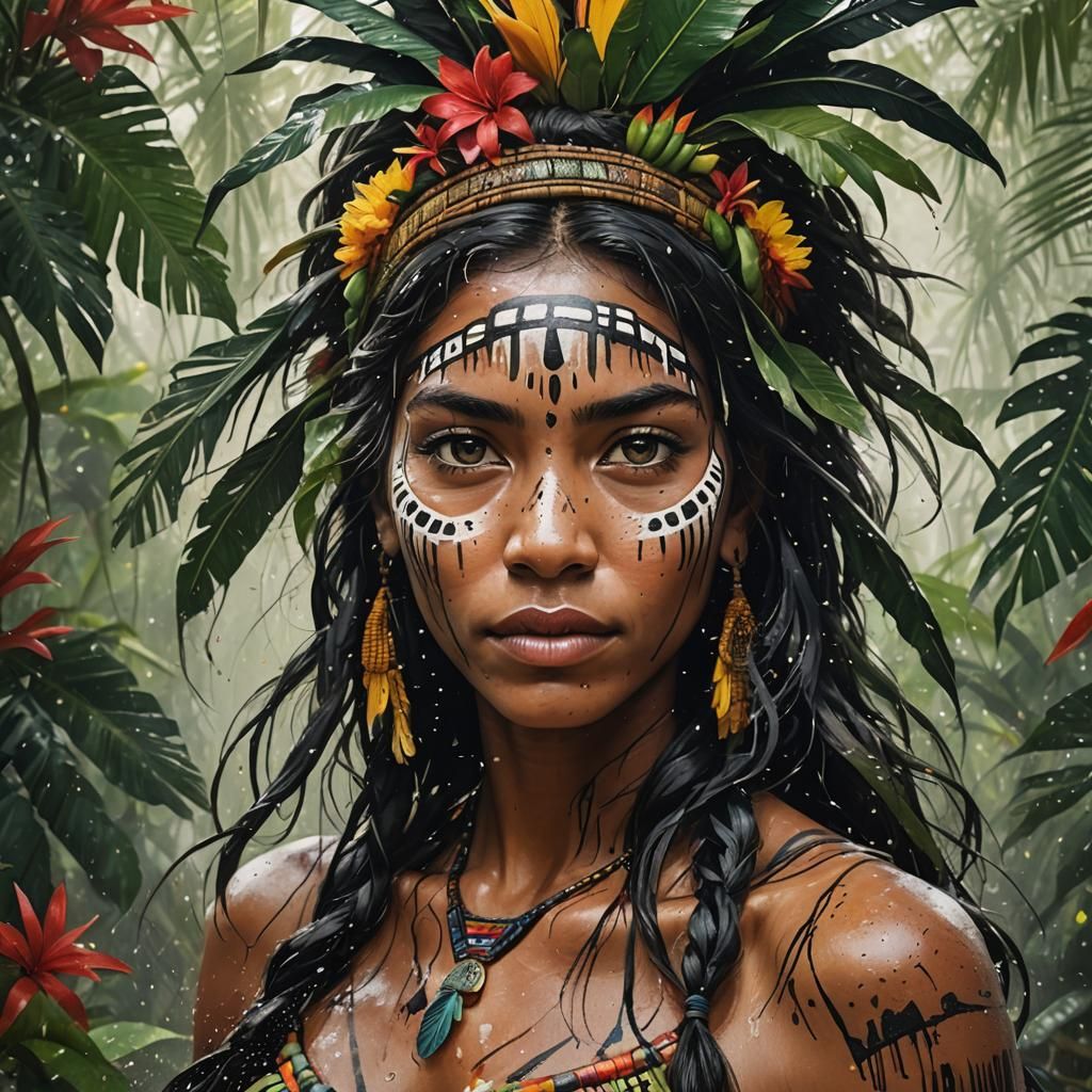 Amazonian Indigenous Woman with Jaguars in Tropical Splendor