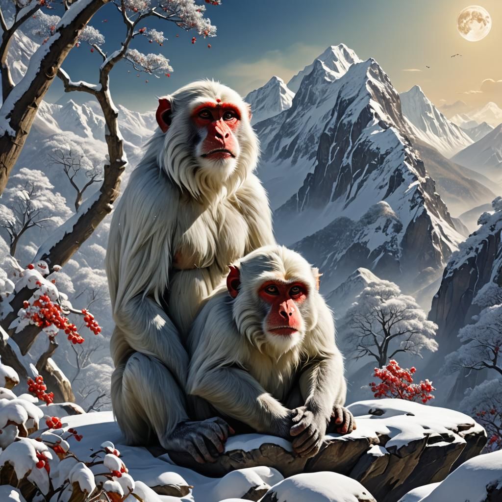 Yoga Monkey in Snow Himalayas: Detailed Matte Painting