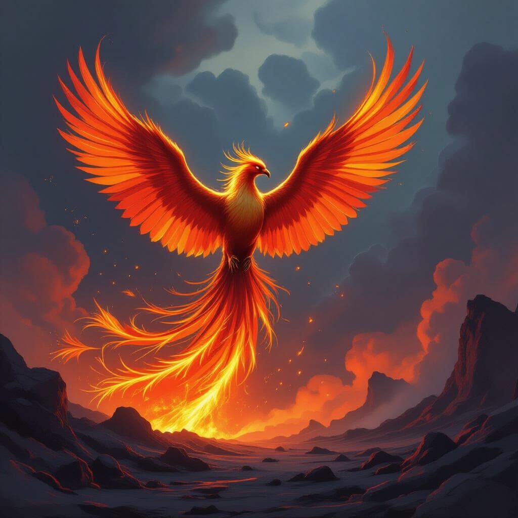 Phoenix Rises From Volcanic Wasteland in Epic Fantasy Style