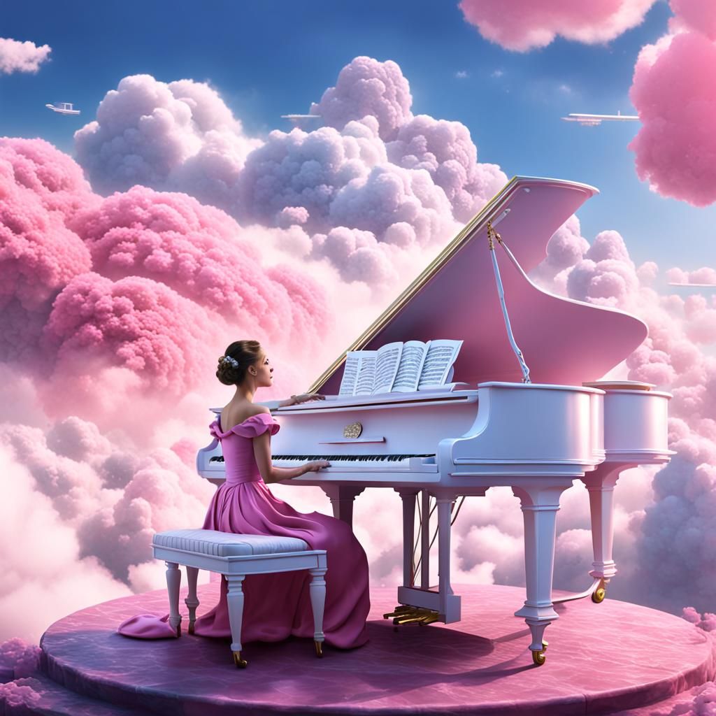 A White Piano on the Clouds 
 A Beautiful Lady who is Dressed in a Pink Dress Sitting on Top of that Piano