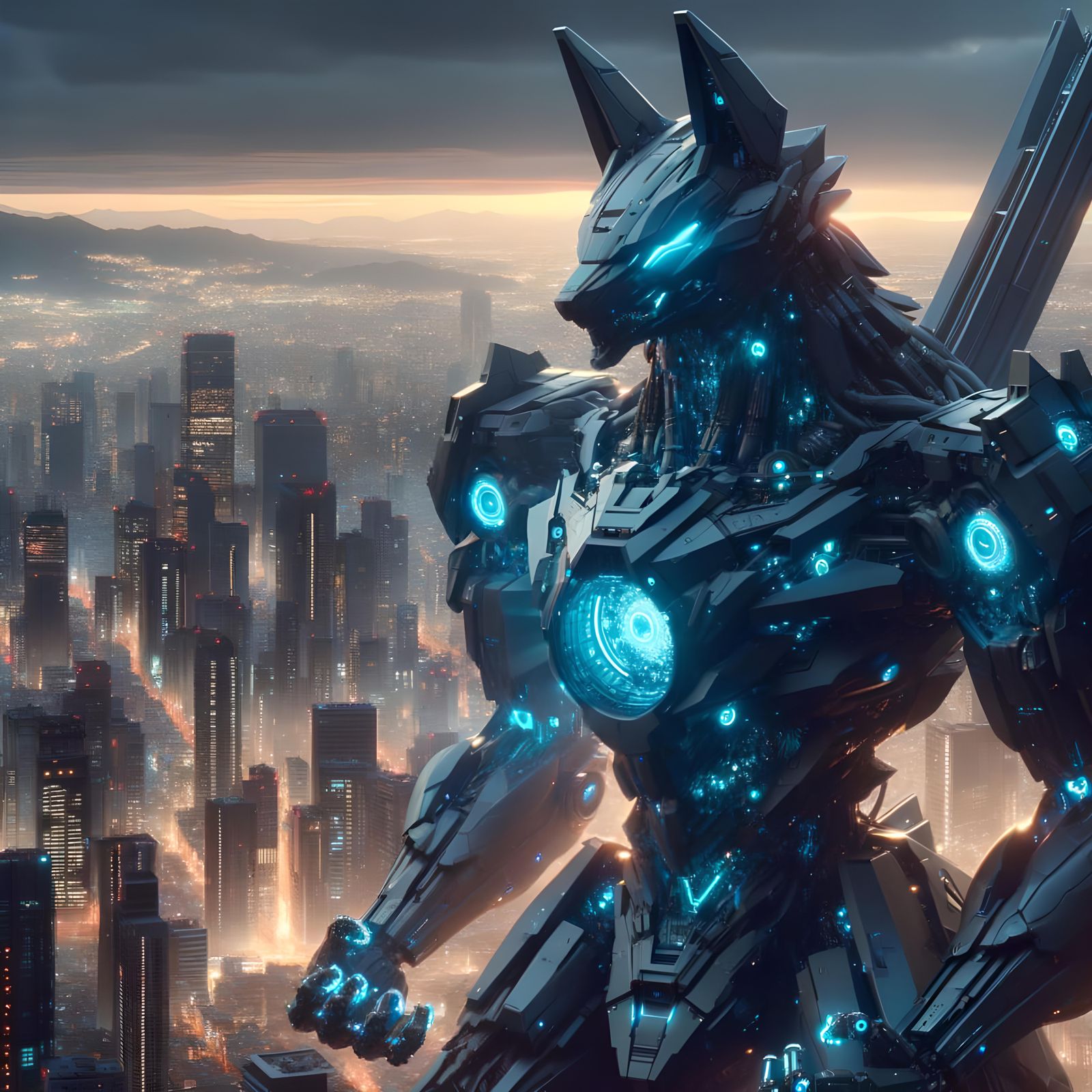 Colossal Onyx Fox Mecha Dominates Cityscape