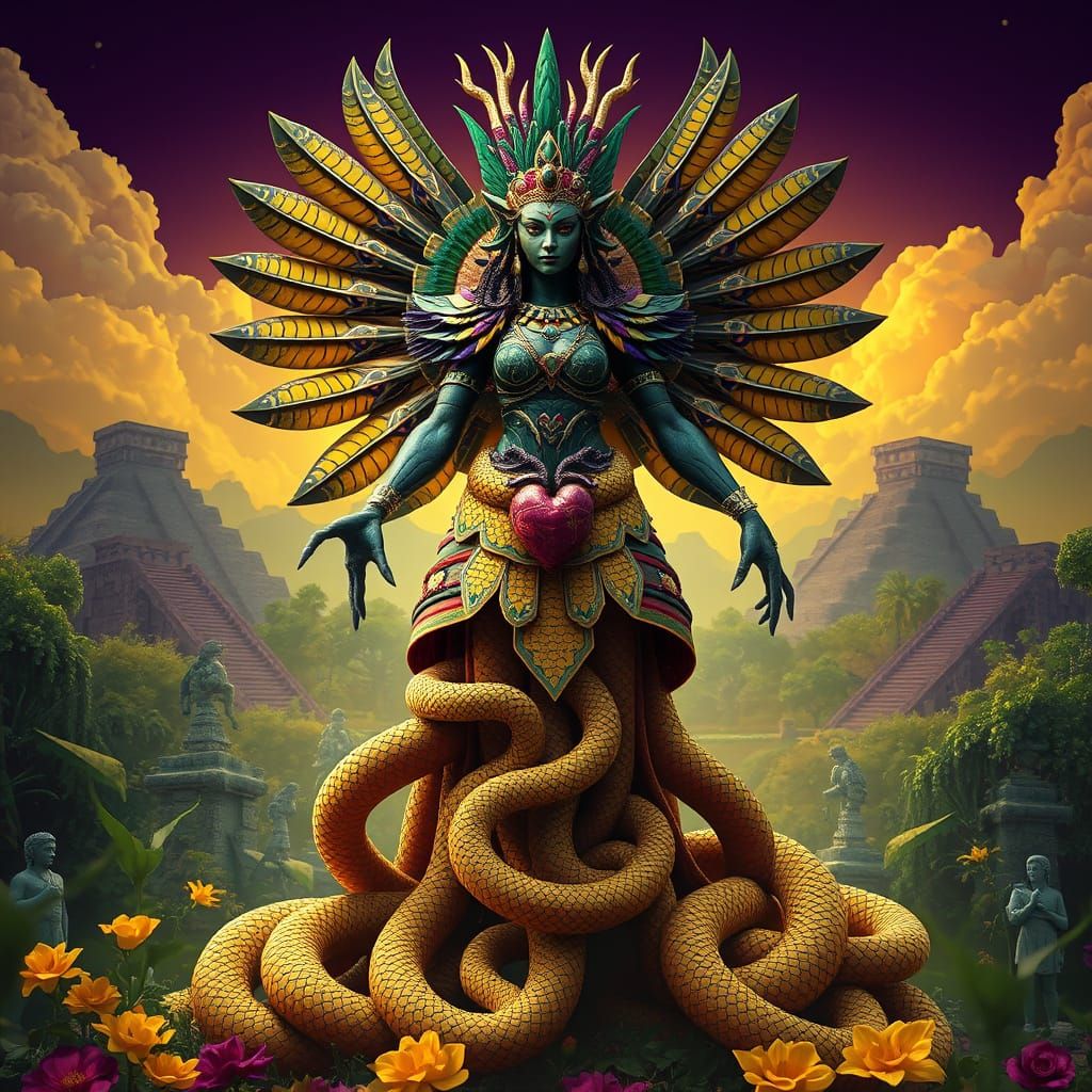 Aztec Goddess Coatlicue in Vibrant Landscape with Serpents a...