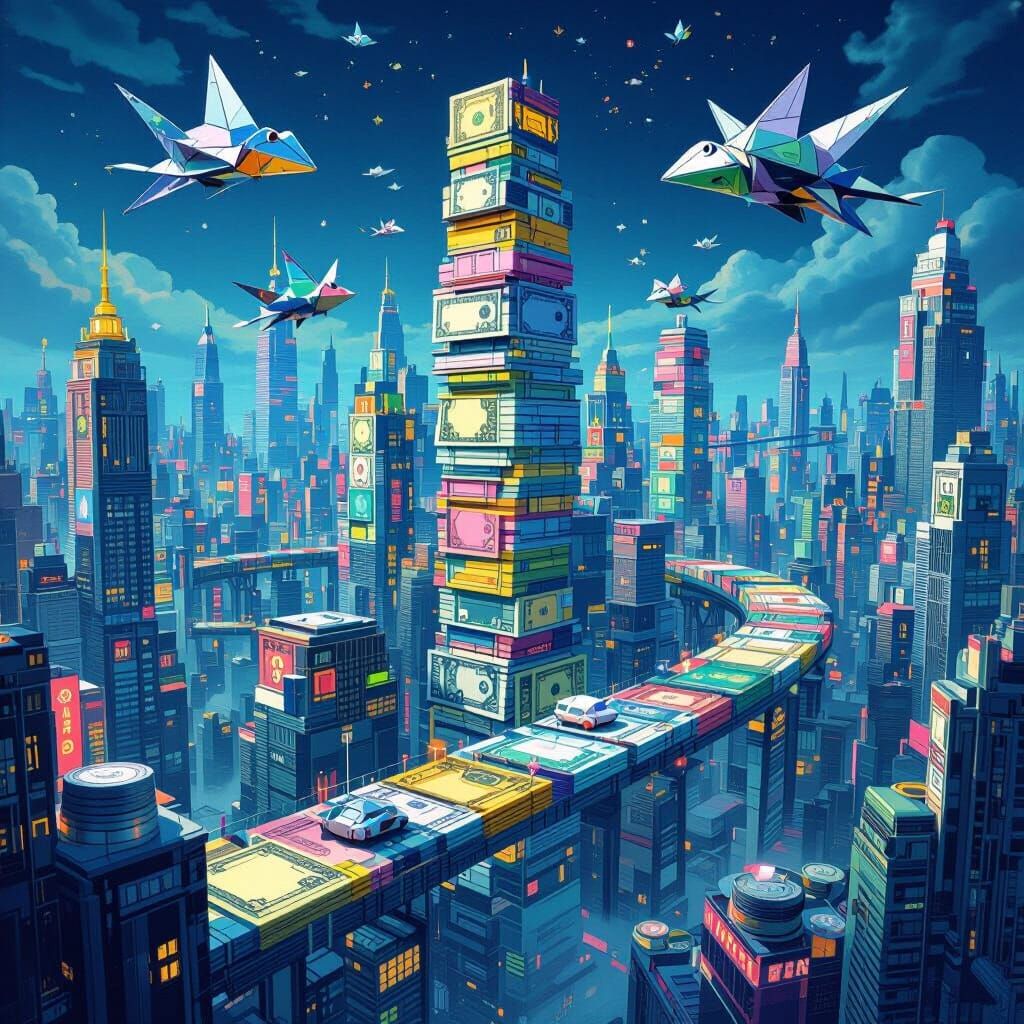 Surreal Money Cityscape with Origami Frogs