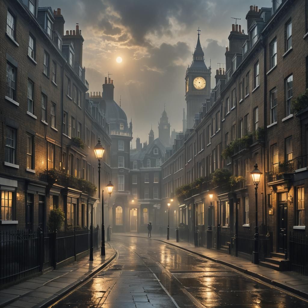 Victorian London Foggy Morning, Hyperrealistic Splash Art