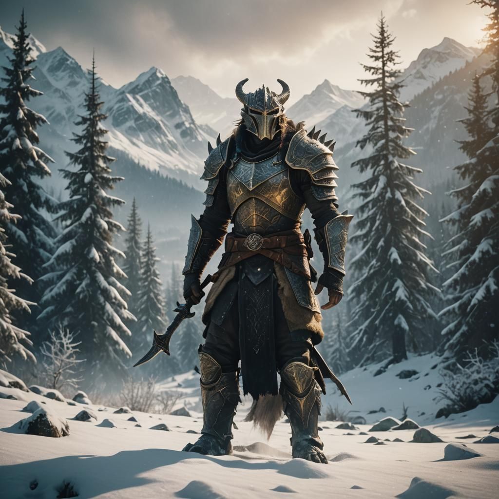 Heroic Dragonborn in Snowy Skyrim Landscape