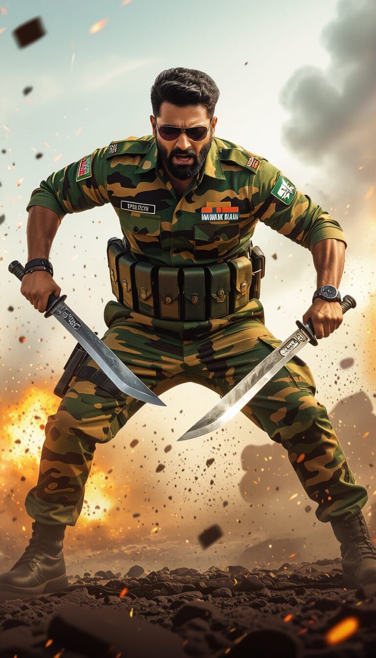 Indian Actor in Action Pose with Machetes