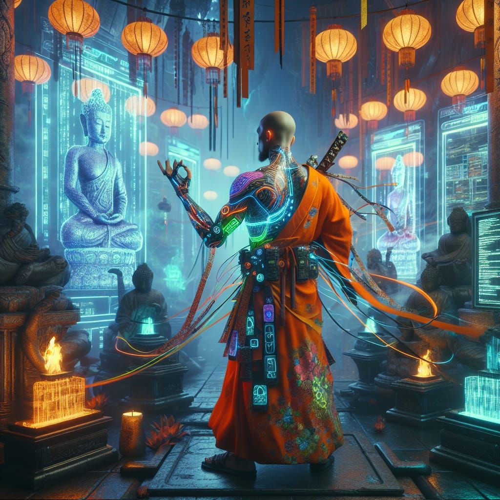 Futuristic Monk Unites Tradition and Technology in Cyberpunk...
