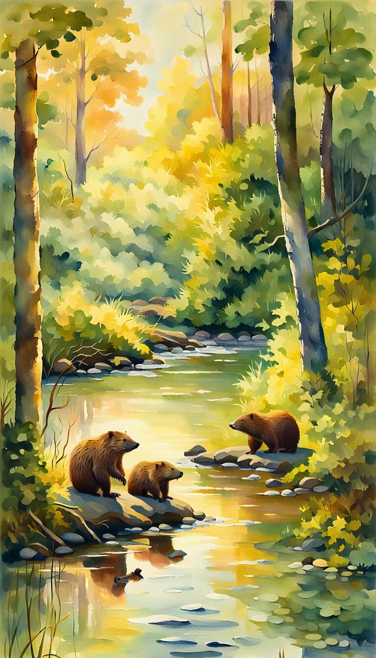Beavers in Amazon Forest: Impressionist Landscape