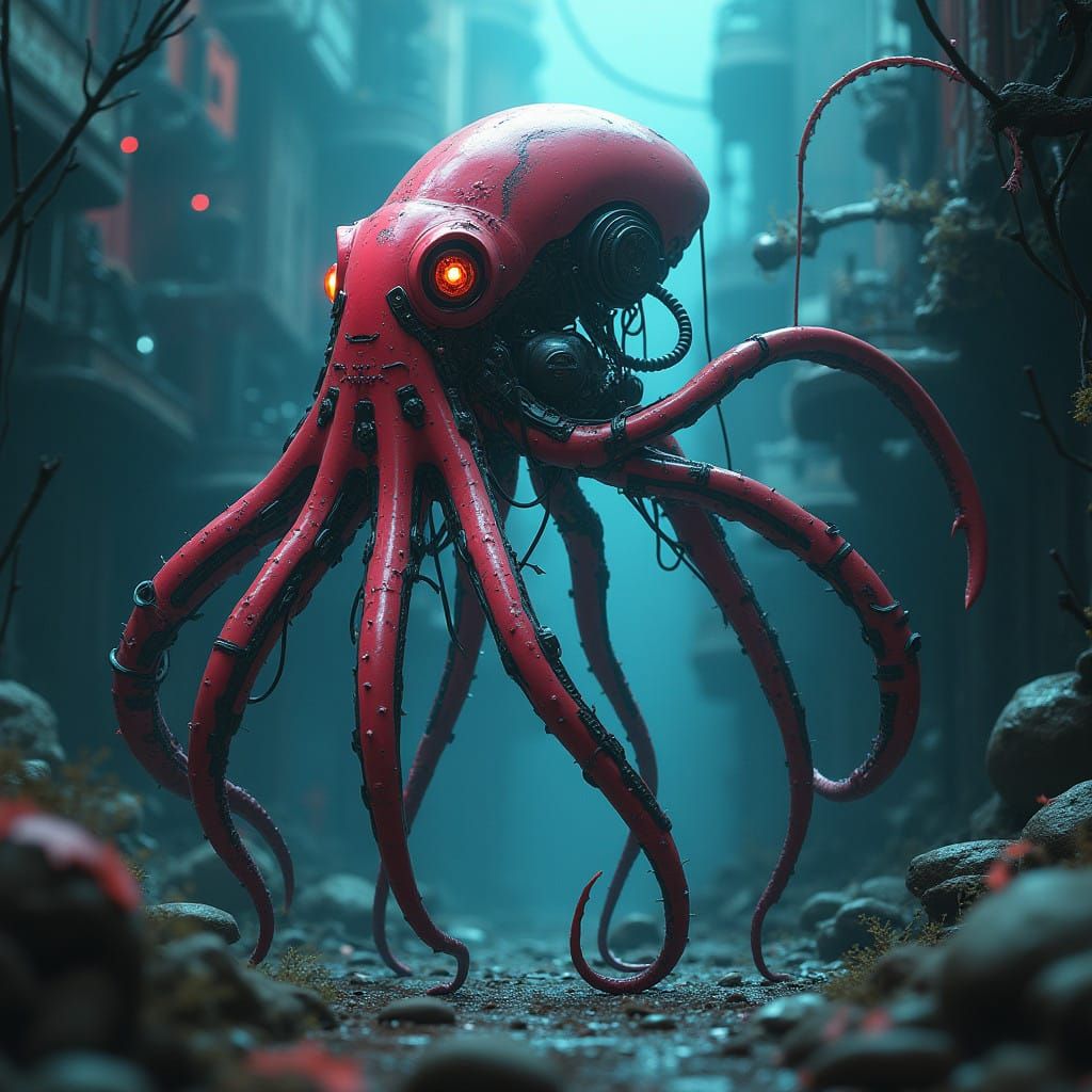 Cybernetic Cephalopod in Dystopian Underwater Metropolis