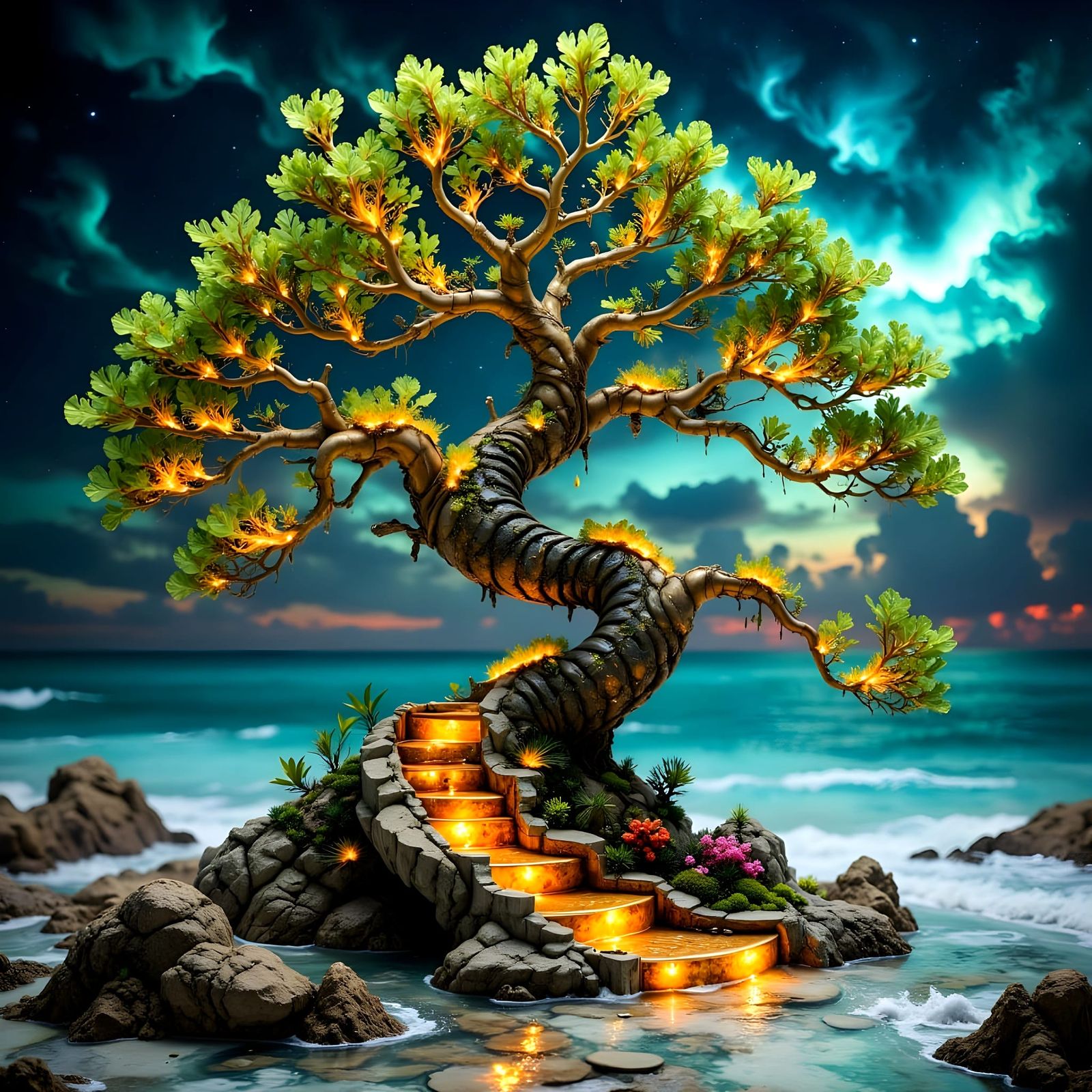 Ancient Bonsai Dreamscape with Luminous Feathers and Fiery C...