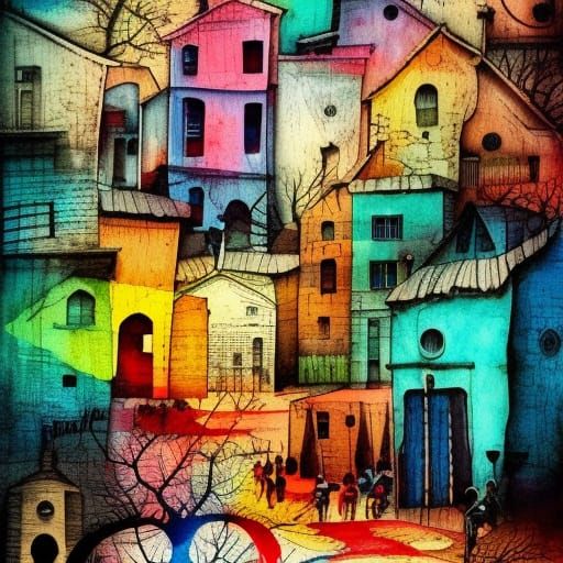 Colorful Village Collage in Modern Boho Style