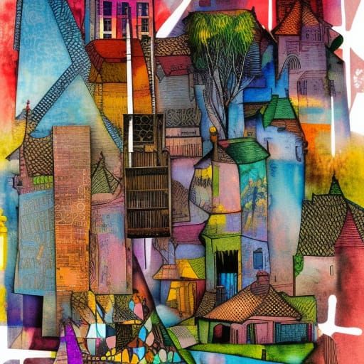 Colorful Village Collage in Modern Boho Art Style