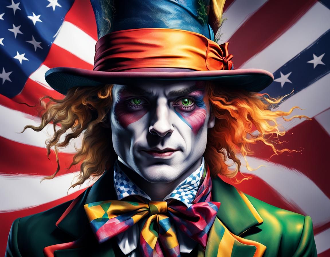 Hyperrealistic Mad Hatter with American Flag