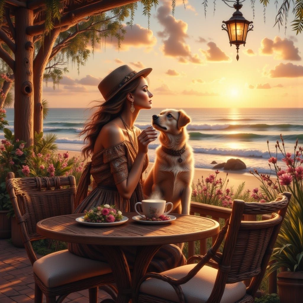 Ocean Side Cafe: Beautiful Woman and Dog at Sunrise