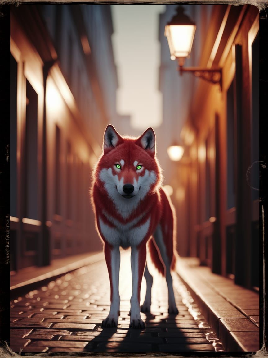 Majestic Red Wolf Illuminated by Golden Streetlight