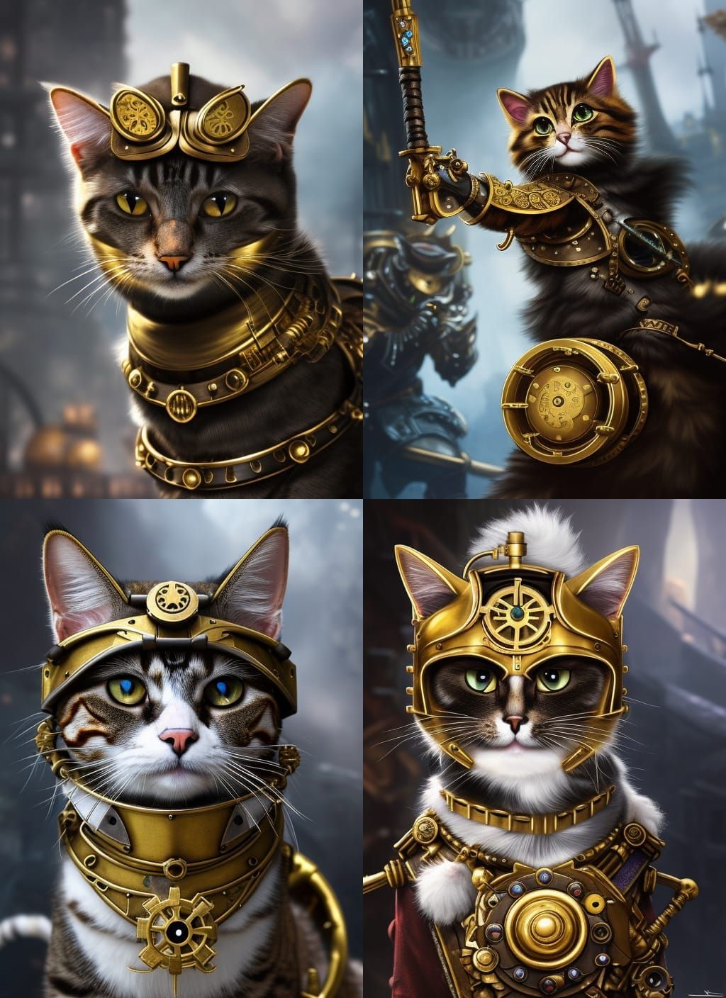 Steampunk Cat Warrior in Golden Armor
