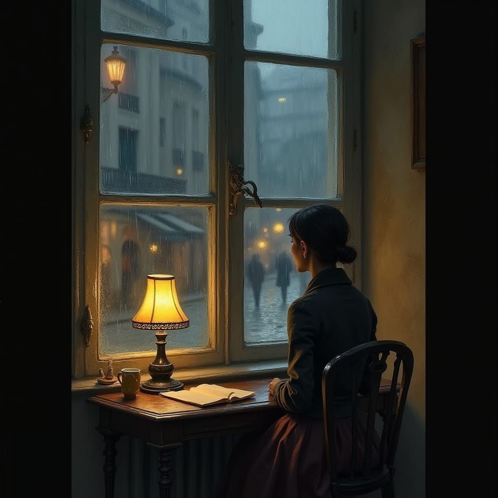 Impressionist Parisian Woman Gazing from Rainy Window