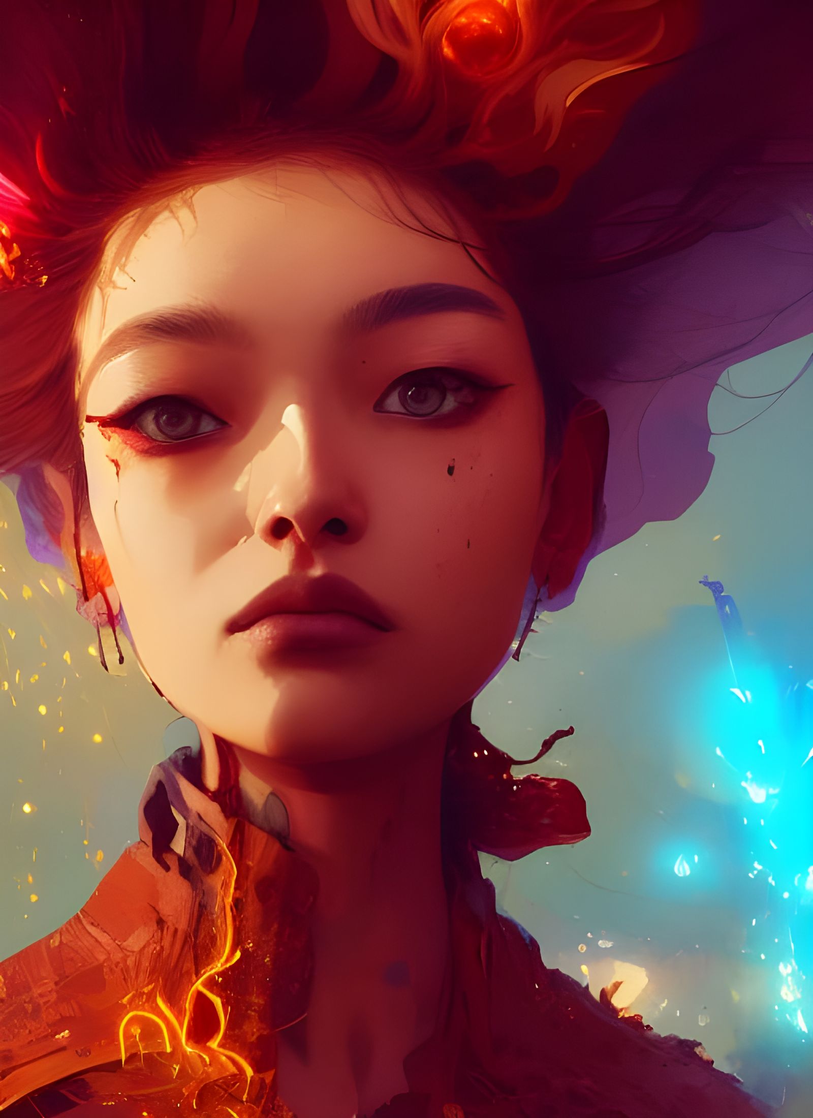 Fire Princess Portrait in Vibrant Triadic Colors