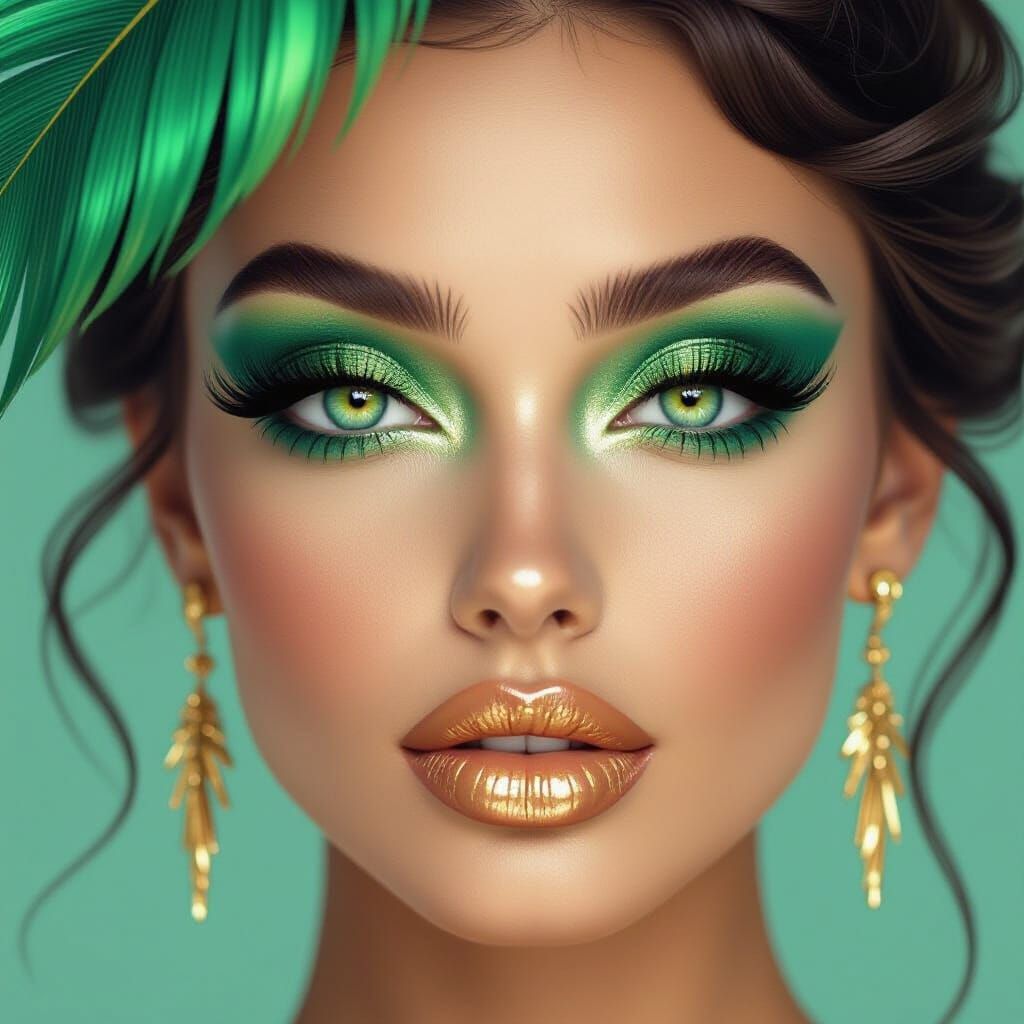 Digitally Rendered Woman with Green Eyes and Gold Makeup