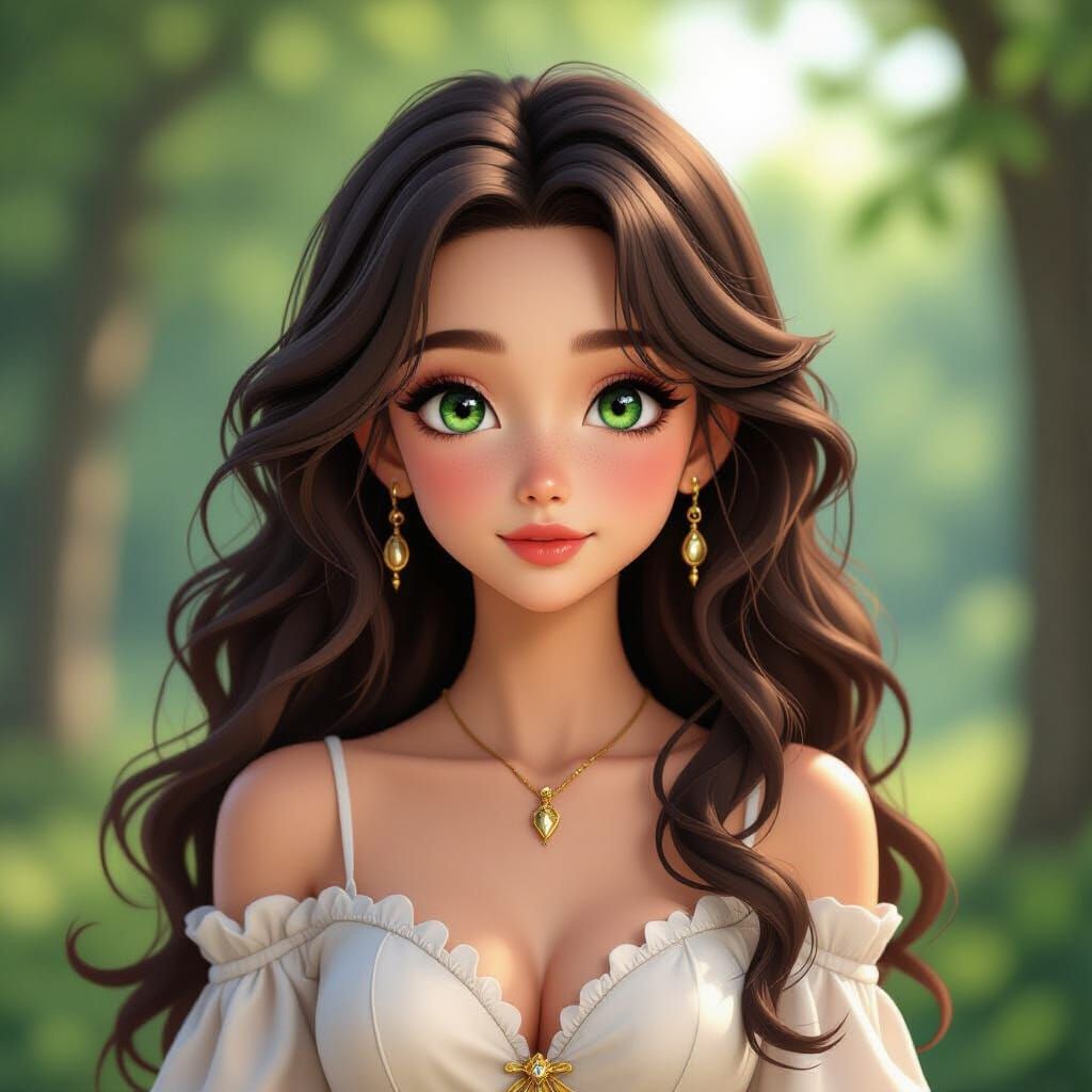 Anime Girl with Emerald Eyes and Freckles in 3D